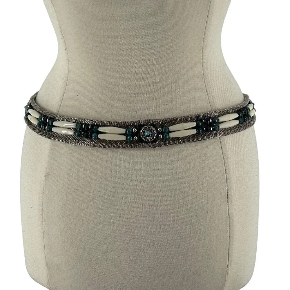 Southwestern Waist Hip Belt Silver Mesh Ivory Bead Faux Turquoise Concho Boho XL